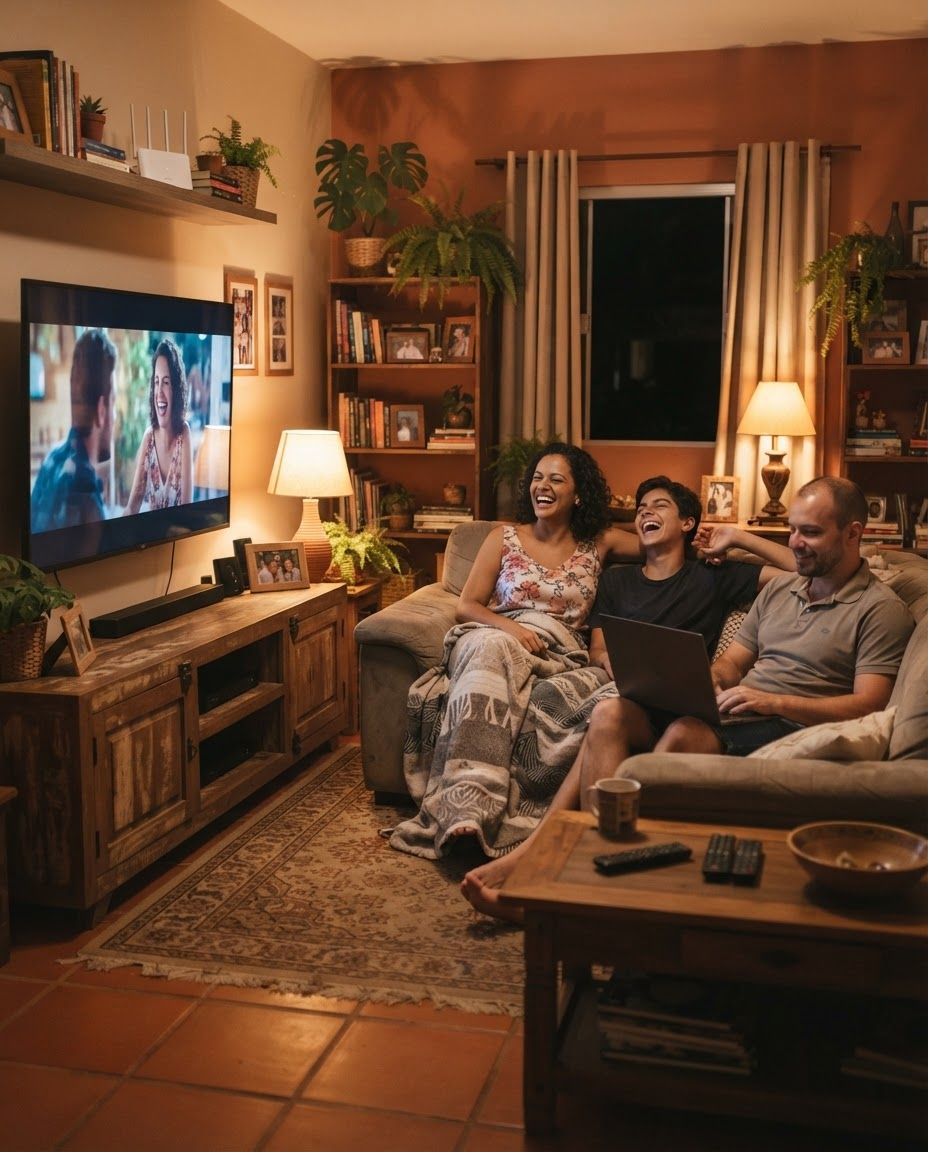 Família reunida em casa usando a internet, com a GODNET em Sacomã